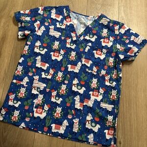 Christmas Holiday Llamas Cactus Woman's Scrub Top Medical Blue Size Medium